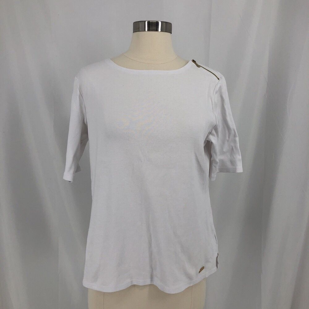 Ellen Tracy White  RoundNeck Top Large Zip Shoulder 1/2 Sleeve